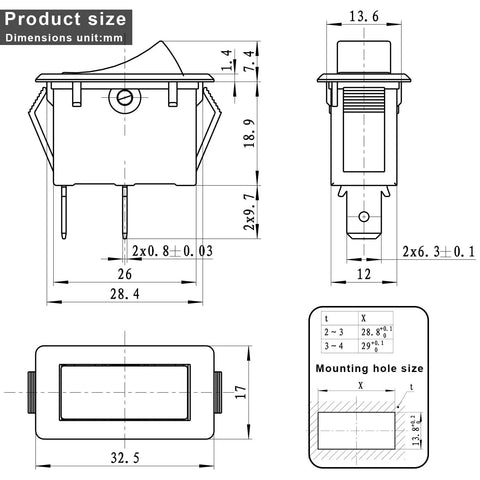 Technical diagram of Beefy SPST Rocker Switch 2 Pin 16A 125V Or 12A 250V Push Button Control, showing dimensions and mounting details.