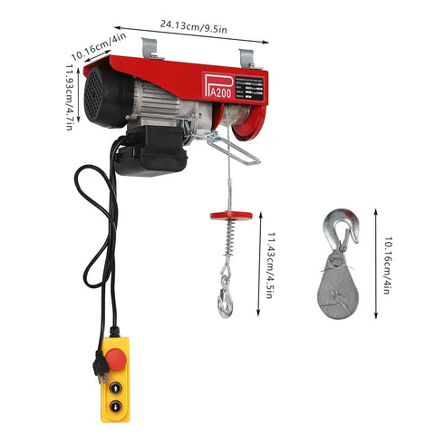 Top Rated 110V Electric Hoist Winch With Remote Control, 440 Lb Capacity For Factories Warehouses Garages And Construction Sites. Compact design with wired remote and lifting hook.