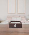 Wooden box with Six Piece Vintage Iron Jewelry Box Latch Hasps With Screws For Wooden Boxes Retro Chest Lock Buckles on table.