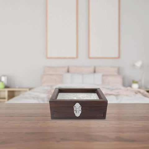 Wooden box with Six Piece Vintage Iron Jewelry Box Latch Hasps With Screws For Wooden Boxes Retro Chest Lock Buckles on table.