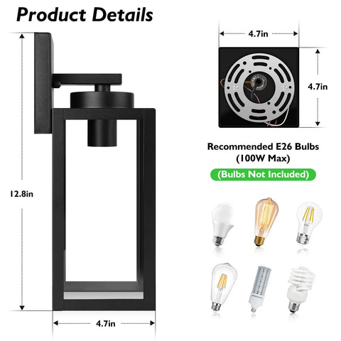 All Weather Outdoor Wall Mount Light Fixture With Glass Shade, Waterproof Exterior Lantern In Matte Black Finish dimensions