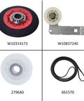 Dryer Repair Kit With 661570 Belt And 4 W10314173 Drum Rollers Plus 279640 Idler Pulley And W10837240 Bracket visible