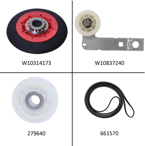Dryer Repair Kit With 661570 Belt And 4 W10314173 Drum Rollers Plus 279640 Idler Pulley And W10837240 Bracket visible