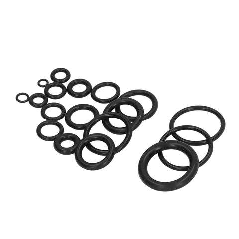 Assorted sizes of 225Pcs NBR O Ring Assortment Kit Pro Grade With 18 Oil Resistant Sizes arranged for automotive and repair use.