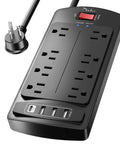 Heavy Duty 10 Foot Surge Protector Power Strip With 8 Outlets And 4 USB Ports 2700 Joules Flat Plug Overload Protection ETL Listed For Home Office Dorm College School Black, angled view