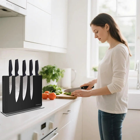 Double-Sided Magnetic Knife Holder Stand With Strong Magnets, Black Stainless Steel Knife Block For Kitchen Countertop, Suspends 10-14 Blades, Easy Knife Storage Organizer, Knives Not Included