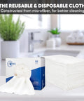 Ultra-Absorbent Microfiber Rags In A Box, 50 Count, 10 By 12 Inches Reusable Wipes For Cleaning, displayed in a stack next to the box.