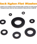 Assorted black nylon flat washers, part of 500 Piece Nylon Flat Washer Set Eight Sizes M2 M2.5 M3 M4 M5 M6 M8 M10