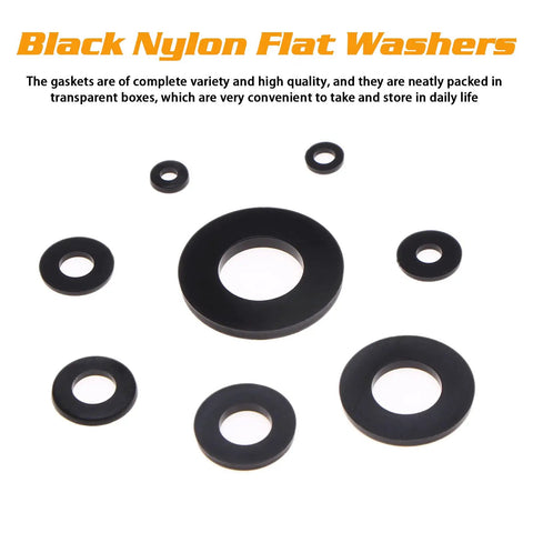 Assorted black nylon flat washers, part of 500 Piece Nylon Flat Washer Set Eight Sizes M2 M2.5 M3 M4 M5 M6 M8 M10