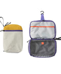 Water Resistant Travel Toiletry Bag With Hidden Carabiner Hook And Hanging Loop For Gym Commute And Bathroom Storage, open and closed view