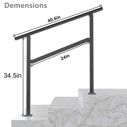 Dimensions of Heavy Duty Two Pack Galvanized Steel Handrails For Outdoor Steps, 34.5in height, 40.6in length, 24in depth.