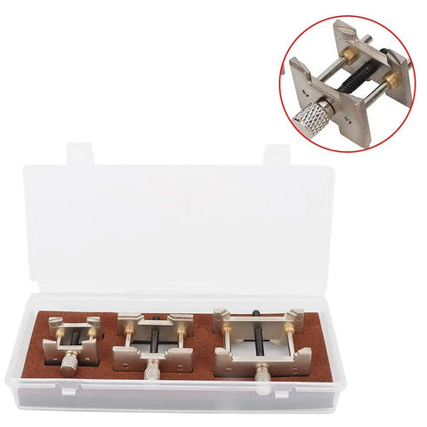 Three Piece Watch Movement Holder Set Pro Grade Heavy Duty Metal Base in open box with various holder sizes for repairs