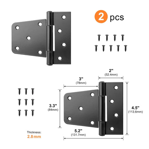 Hard As Nails Black Iron Hinges 4.5 Inch For Heavy Outdoor Gates Rust Proof Finish Fits Barn Shed Fence Or Wood Doors No Sweat Install Top Shelf Pair Set with screws and dimensions.