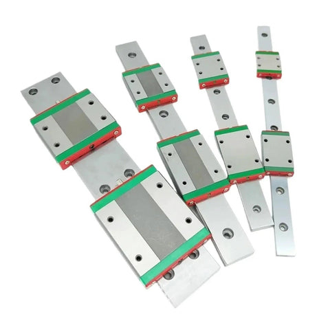 Heavy Duty MGN9H Linear Guide Rail And Dual Track Sliding Block Kit showing six precision rails with sliding blocks for custom builds.
