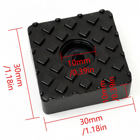 Close-up of black Soft Rubber Chair Feet 30x30mm Anti Slip Pad showing dimensions in red, part of 20 pack floor protectors.