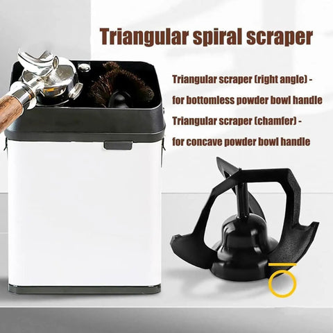 Go-To Electric Portafilter Cleaner And Knock Box Combo, 150W Auto Espresso Grounds Sweeper For Daily Baristas, Smooth No Sweat Cleanup Rig With Scraper And Brush, White, includes triangular spiral scraper for precise cleaning.