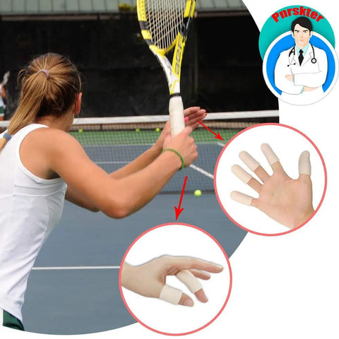 Tennis player wearing Soft Gel Finger Cots 14 Pack Finger Protector Sleeves For Trigger Finger Hand Eczema Cracking Arthritis Pain Relief Ultra Cozy No Slip Grip Great For Sensitive Skin Beige Short Fit, shown in close-up views for protection.