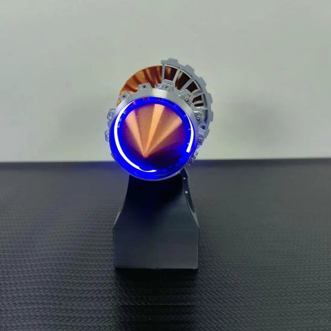 Simulated Turbofan Aircraft Engine Model Kit With LED Light, Rechargeable Version, front view brass color on stand