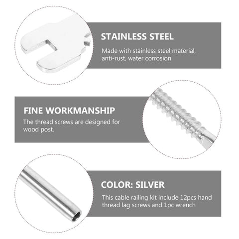 Thirteen Piece Stainless Steel Crimp Lag Screws Set With Spanner For Left And Right Handed Deck Cable Railing And Outdoor Heavy Duty Wood Fixing