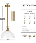 Caiselee 13 in Dome Pendant Light, 1-Light White and Gold Pendant Lighting specifications with measurements and bulb compatibility.