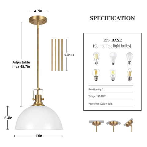 Caiselee 13 in Dome Pendant Light, 1-Light White and Gold Pendant Lighting specifications with measurements and bulb compatibility.