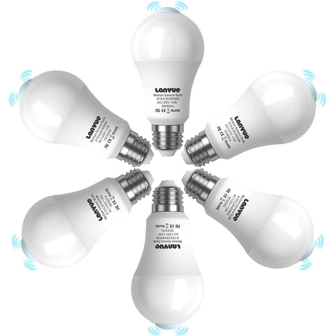 Motion Sensor Light Bulb 6 Pack, Dusk To Dawn Indoor Security Lamp, 13W Equivalent To 100W, 1000 Lumens, E26 Base, 6000K Daylight, PIR Infrared Motion Detection, Easy Plug And Play, Bright White Lighting, six white bulbs