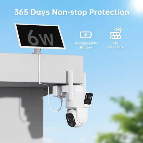 Dual Lens Solar Wireless Outdoor Security Camera With 2K Plus 2K Dual View mounted outdoors, solar panel attached, gray, 1 Pack