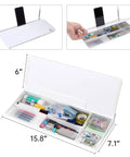 Compact Glass Dry Erase Whiteboard With Built In Keyboard Stand And Drawer Your Go To Desk Organizer For Office Home And School Smooth Writing Surface And Easy To Wipe White Board Pad showing open drawer and storage compartments.