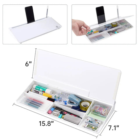Compact Glass Dry Erase Whiteboard With Built In Keyboard Stand And Drawer Your Go To Desk Organizer For Office Home And School Smooth Writing Surface And Easy To Wipe White Board Pad showing open drawer and storage compartments.