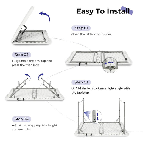 Assembly instructions for Sturdy 4 Foot Portable Folding Table That Folds In Half, Heavy Duty Plastic Utility Desk.
