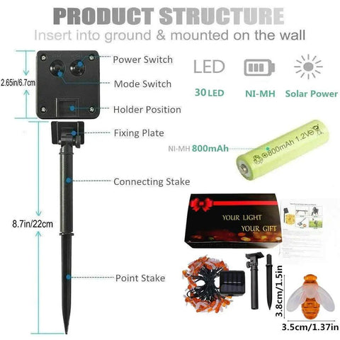 Product structure of Bee String Lights 2 Pack, 17 Ft Each, 60 LED Copper Wire Fairy Lights with solar components and stakes.