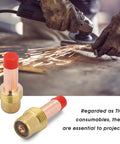 Close-up of 50 Pcs TIG Gas Lens Collet Body Kit For WP17 WP18 WP26 TIG Torch Welding Consumables, with sparks flying.