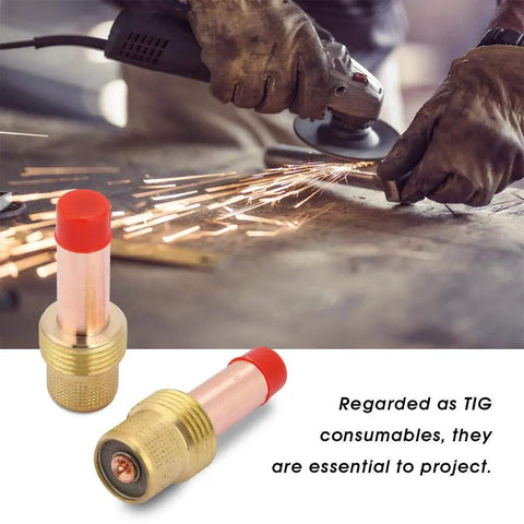 Close-up of 50 Pcs TIG Gas Lens Collet Body Kit For WP17 WP18 WP26 TIG Torch Welding Consumables, with sparks flying.
