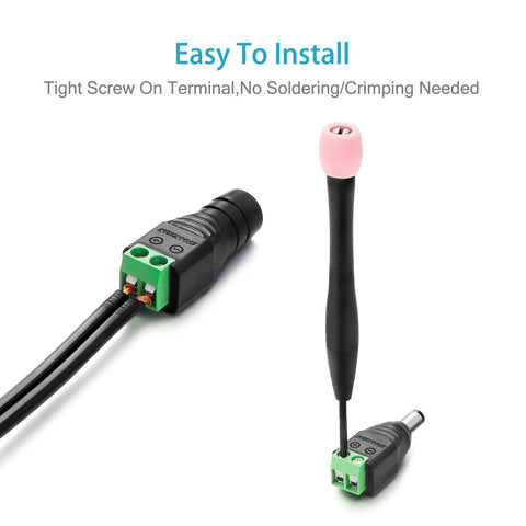 Rock Solid 5.5Mm X 2.1Mm Dc Power Connectors with thick copper cores showing screw terminal design for tool-free installation.