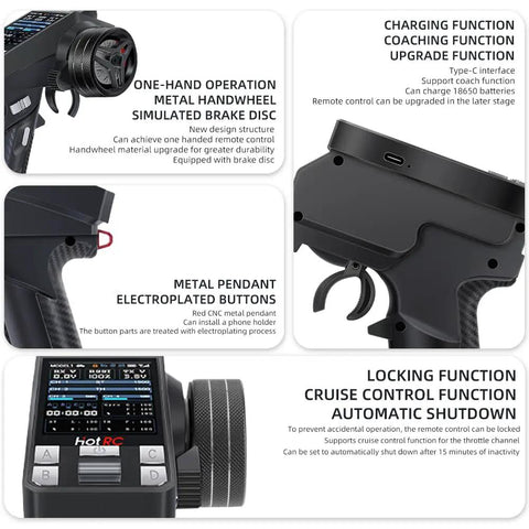 8 Channel 2.4G FHSS RC Transmitter And Receiver With Lanyard For 1/8 To 1/24 Crawler Drift Truck Boat Tank Plug And Play Upgrade, Compatible With TRX4 TRX4M SCX10 SCX24 Metal Handwheel. Displays features like metal handwheel and electroplated buttons.