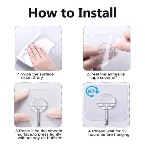 Installation steps for Heavy Duty Adhesive Wall Hooks 13Lb No Drill Transparent Waterproof with hand illustrations.
