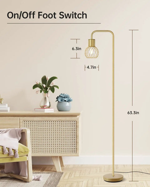 Brass Gold Standing Floor Lamp With 6W LED Bulb Foot Switch Tall Metal Stand Modern Industrial Minimalist Farmhouse Boho Style