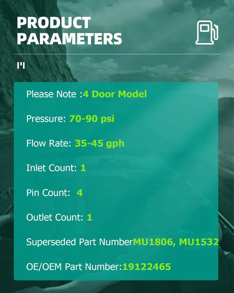 Specifications for the Direct Fit Drop In Replacement Electrical Fuel Pump Module Assembly, including pressure and flow rate.