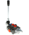 Hydraulic directional control valve with 1 spool, lever-operated, long chrome lever, gray body with red port caps