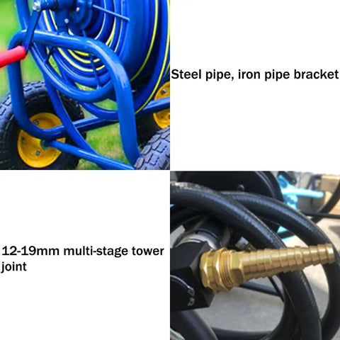 Close-up of Heavy Duty Garden Hose Reel Cart With Smooth Gliding Wheels showing steel frame, brass connector, and durable hose design.