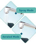 White Utility Sink With Pull Out Chrome Faucet And Sprayer shown in spray and aerated modes for laundry room or shop