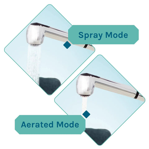 White Utility Sink With Pull Out Chrome Faucet And Sprayer shown in spray and aerated modes for laundry room or shop