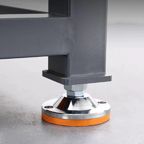 Base of Heavy Duty Workshop Maintenance And Assembly Workbench With Mounting Vise showing durable adjustable foot and steel support.