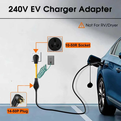 Plug And Go Nema 10-50P To 14-50R EV Charger Adapter Cord With Ground Wire, 50 Amp Three Prong 6AWG 240V Heavy Duty Level 2 Charging Cable For Tesla And All Electric Cars 12 Inch connected to 10-50R socket and 14-50P plug.