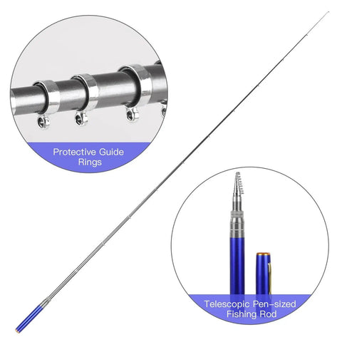 Pocket Size Pen Fishing Pole And Reel Combo For Travel Ultra Portable Telescopic Mini Rod With Micro Collapsible Design Rust Resistant Reel High Sensitivity Tip Ready To Fish Anywhere On The Go, showcasing protective guide rings and compact design.