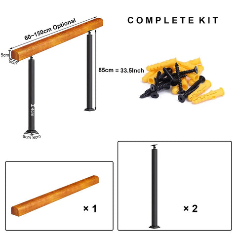 Top Tier Adjustable Handrail Kit For Outdoor Steps Built Tough With Solid Wood And Heavy Duty Iron Posts No Sweat Weather Sealing Keeps Your Front Porch Safe And Sturdy Always, showing complete kit components.