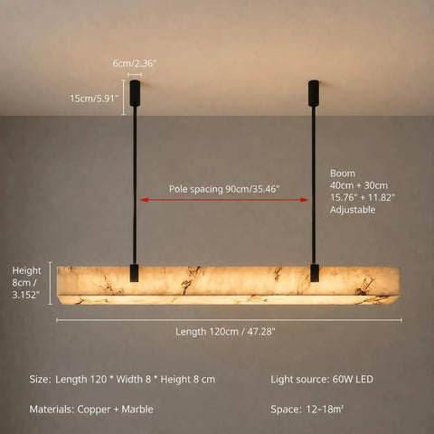 Artpad 47.24-Inch Modern Long Marble Dining Pendant Light, Suspension Lamp with copper frame and adjustable height.