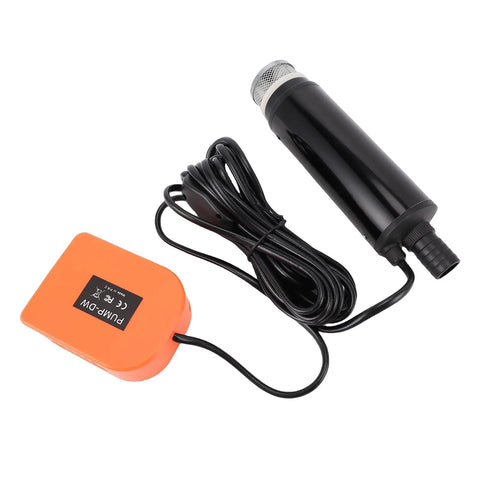 Built Like A Tank Heavy Duty Cordless Submersible Pump Shifts 500 Gallons Per Hour With A 16 Foot Max Lift And Raw 7 Amp Motor, black body and orange control unit.