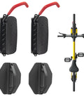 Rock Solid Swivel Bike Wall Mount Rack For Garage, Space Saving Bicycle Hanger With Rubber Coated Hooks, Heavy Duty Steel Holds Up To 77 Lbs, Easy Install, 2 Pack showing two racks and a mounted bike
