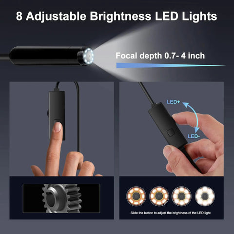 1920P Endoscope Camera With Light Waterproof For iOS And Android 2.0MP Borescope With 7.9mm Probe Flexible Cable, LED brightness control
